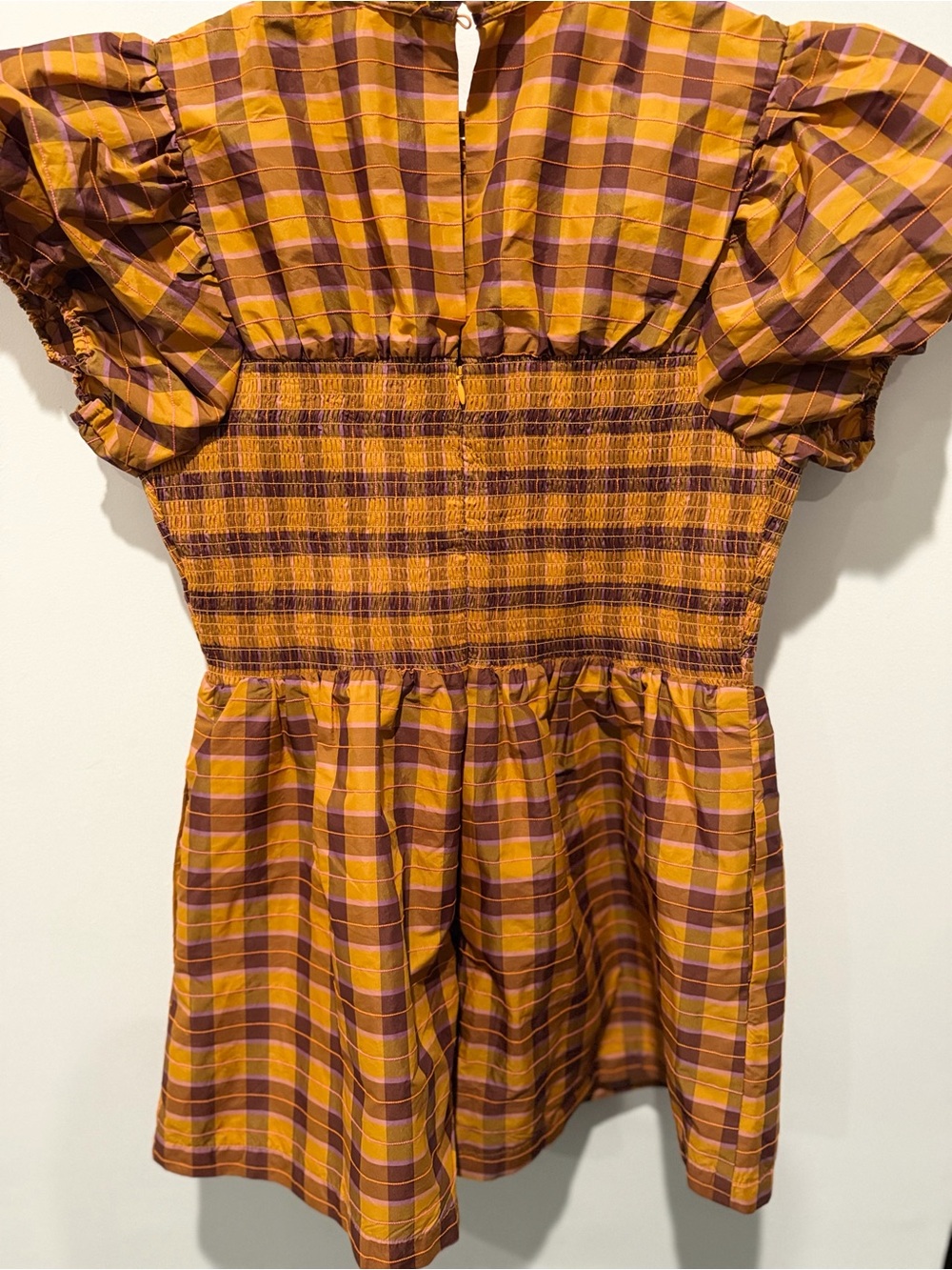 MAEVE Anthropologie Puff-Sleeve Smocked Elastic Romper Brown Orange Plaid Sz. L - Picture 6 of 7